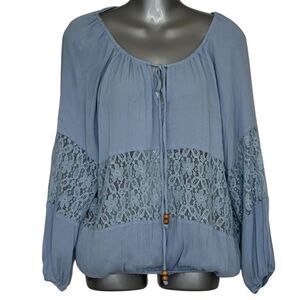 POL Women's Boho Lace Peasant Blouse Light Blue V-Neck Long Sleeve S